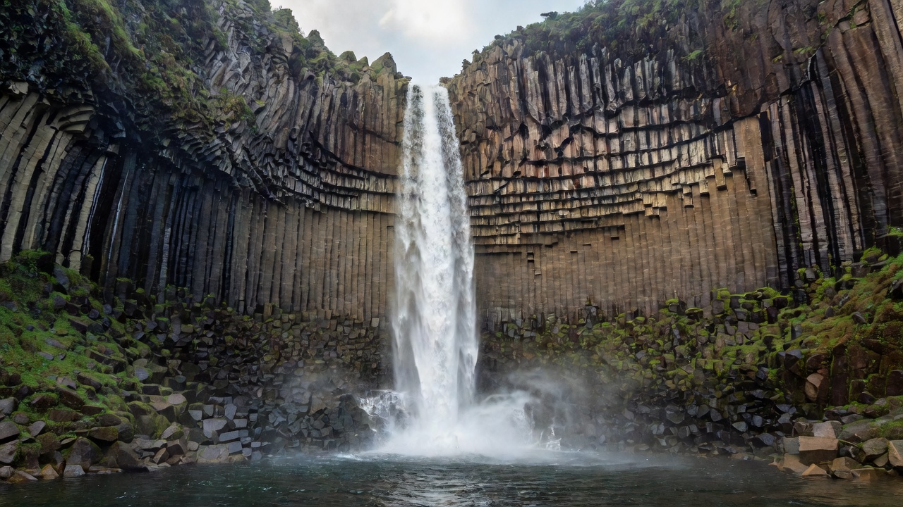 Wide view of a ninety-foot waterfall dropping into a curved wall of dark hexagonal basalt columns