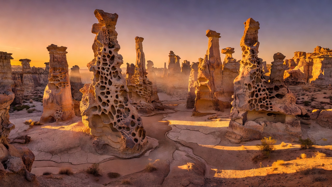 Towering honeycomb-weathered volcanic tuff spires rising from dry canyon washes in evening light